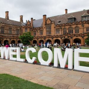 university courtyard with a welcome sign