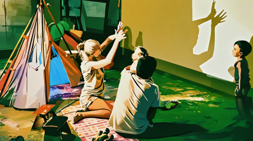 Parents play with their two young children. One of the parents is telling a story. She is using her hands to create shadows on the wall.